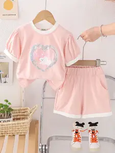 INCLUD Girls Embellished Round Neck T-Shirt With Shorts