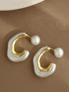 KRENOZ Gold-Plated Pearls Studded Contemporary Half Hoop Earrings