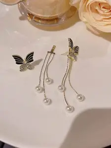 Celestique Cubic Zirconia Studded & Pearls Beaded Animal Shaped Korean Drop Earrings
