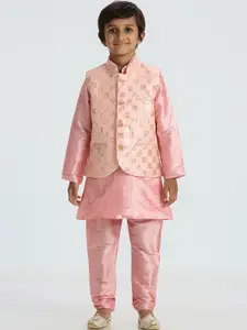Sangria Boys Geometric Embroidered Mandarin Collar Straight Kurta & Trousers & Jacket