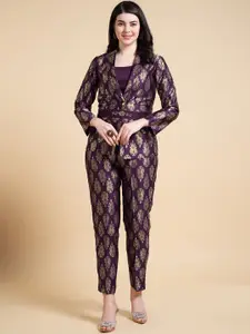 Krimmple Woven Design Shawl Neck Top & Trousers With Jacket Co-Ords