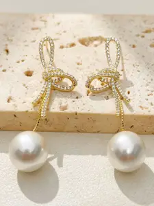 KRENOZ Gold-Plated Cubic Zirconia Studded & Pearls Beaded Bow Shaped Drop Earrings