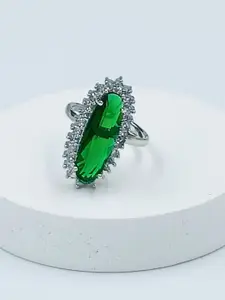 BLACKBOX Rhodium-Plated Emerald & American Diamond Studded Finger Ring