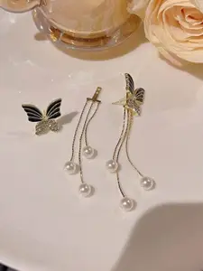 Celestique Cubic Zirconia Studded & Pearls Beaded Animal Shaped Korean Drop Earrings