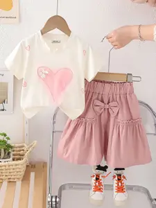 INCLUD Girls Heart Printed Round Neck T-Shirt With Shorts