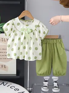 INCLUD Girls Polka Dot Printed Round Neck Top With Capri