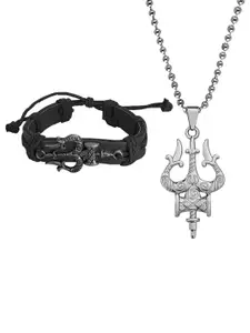 M Men Style Stainless Steel Silver Plated Religious Mahadev Leather Bracelet And Pendant
