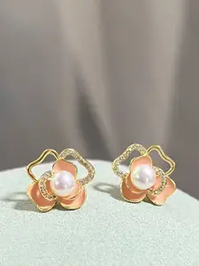 VAGHBHATT Gold-Plated Pearls Studded Floral Shaped Studs