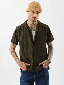 Snitch Men Relaxed Fit Textured Cuban Collar Casual Shirt