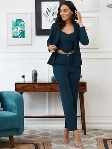 SRUTVA FASHION Teal Blue V Neck Top Blazer & Trousers Co-Ords Set