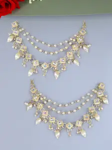 PRIVIU Gold-Plated Kundan Studded & Beaded 3 Layered Contemporary Ear Cuff