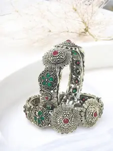 FEMMIBELLA Set Of 2 Silver-Plated Oxidised Stone Studded Cuff Bangles