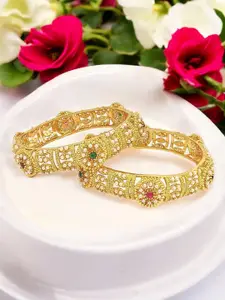 FEMMIBELLA Set Of 2 Gold-Plated Stone Studded Kada Bangles