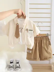 INCLUD Boys Dinosaur Appliqued Short Sleeves Shirt With T-Shirt & Shorts