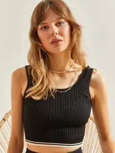 BIANCO LUCCI Women Striped Round Neck Sleeveless Crop Top