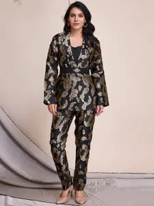 Krimmple Woven Design Shawl Neck Top & Trousers With Jacket Co-Ords