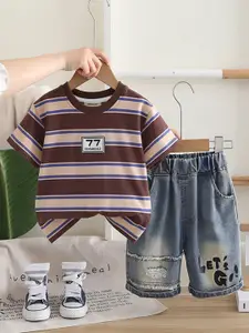 INCLUD Boys Striped Round Neck Short Sleeves T-Shirt With Shorts