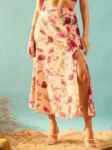 Berrylush Floral Printed High Rise A-Line Midi Skirt