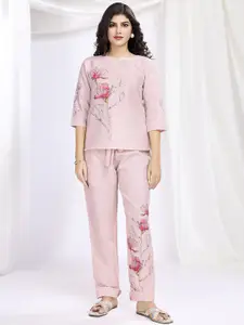 Krimmple Floral Printed Round Neck Top & Trousers With Belt Co-Ords