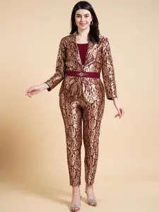 Krimmple Woven Design Shawl Neck Top & Trousers With Jacket Co-Ords