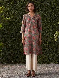 Lakshita Floral Printed V-Neck Mirror Work Pure Cotton Kurta
