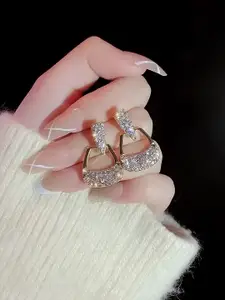 KARISHMA KREATIONS Stainless Steel Gold-Plated Artificial Stones Studded Drop Earrings