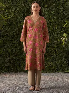 Lakshita Floral Printed V-Neck Mirror Work Pure Cotton Kurta