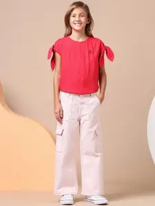 U.S. Polo Assn. Kids Girls Cotton Wide Leg Mid-Rise Stretchable Cargo Jeans