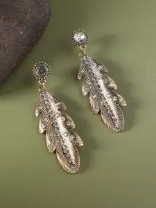 DressBerry Gold-Plated Artificial Stones Studded Leaf Shaped Drop Earrings