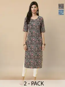 Anouk Rustic Selection Of 2 Ethnic Motifs Printed Round Neck Straight Kurtas
