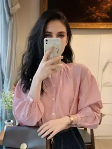 StyleCast Striped Casual Long Sleeves Ruffled Neck Cotton Casual Shirt