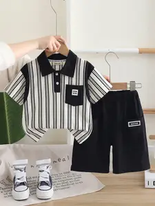 INCLUD Boys Striped Polo Collar T-shirt With Shorts