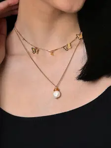 DressBerry White Gold-Plated Pearls Studded Layered Necklace