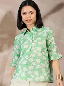 all about you Women Floral Print Shirt Collar Bell Sleeve Shirt Style Top