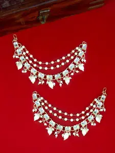 PRIVIU Gold-Plated Kundan Studded & Beaded 3 Layered Contemporary Ear Cuff