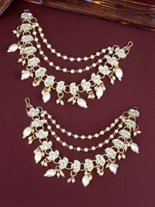 PRIVIU Gold-Plated Kundan Studded & Beaded 3 Layered Contemporary Ear Cuff