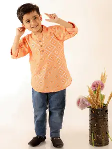 Superminis Boys Geometric Printed Mandarin Collar Sequinned Pure Cotton Straight Kurta