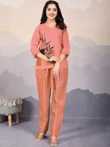 Krimmple Floral Printed Round Neck Top & Trousers With Belt Co-Ords