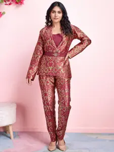 Krimmple Woven Design Shawl Neck Top & Trousers With Jacket Co-Ords