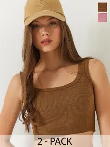 BIANCO LUCCI Pack Of 2 Women Cotton Crop Tank Top