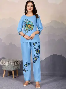 Krimmple Printed Round Neck Top & Trousers With Belt Co-Ords
