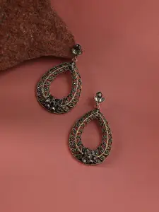 DressBerry Gold-Plated Artificial Stones Studded Teardrop Shaped Drop Earrings