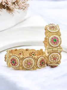FEMMIBELLA Set Of 2 Gold Plated Stone Studded & Beaded Kada Bangles