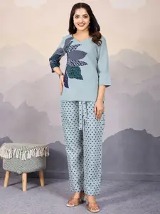 Krimmple Floral Printed Round Neck Top & Trousers With Belt Co-Ords