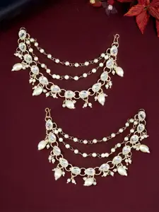 PRIVIU Gold-Plated Kundan Studded & Beaded 3 Layered Contemporary Ear Cuff