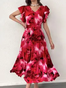 bebe Abstract Floral Print V-Neck Flutter Sleeve Pleated Midi Dress