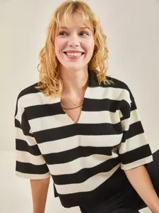 BIANCO LUCCI Women Striped Extended Sleeves Boxy Top