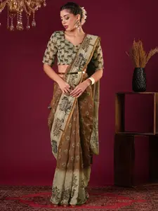 Anouk Floral Mirror Work Linen Blend Bagru Saree