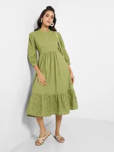 AKKRITI BY PANTALOONS Embroidered Puff Sleeve Fit & Flare Midi Dress