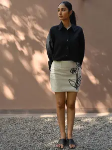 House of Harakh Floral Embroidered Linen Pencil Midi Skirt